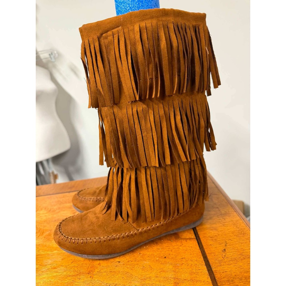 Womens 7.5 Brown Faux Suede Fringe Moccasin Boots Boho Mid Calf